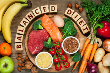 Balanced diet with vegetables, protein and grains