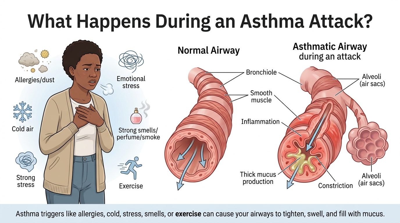Asthma triggers can cause your airways to tighten, swell and fill with mucus. 