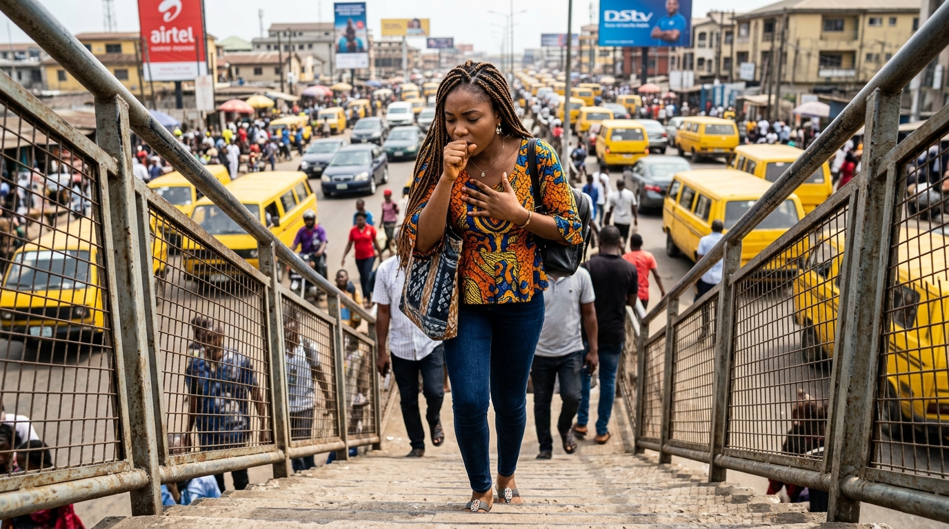 Young lady coughing on a Lagos pedestrian bridge