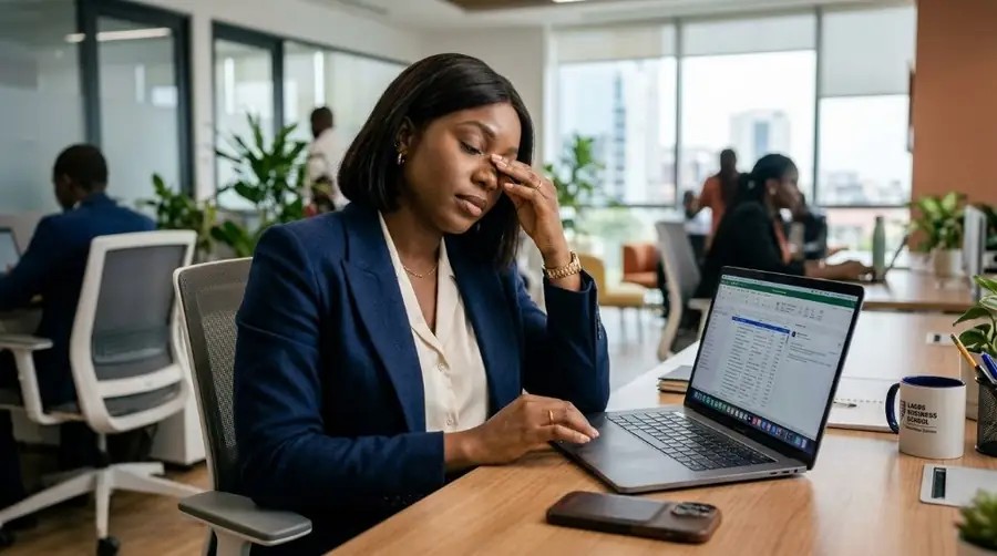 Professional experiencing eye fatigue while working on a laptop